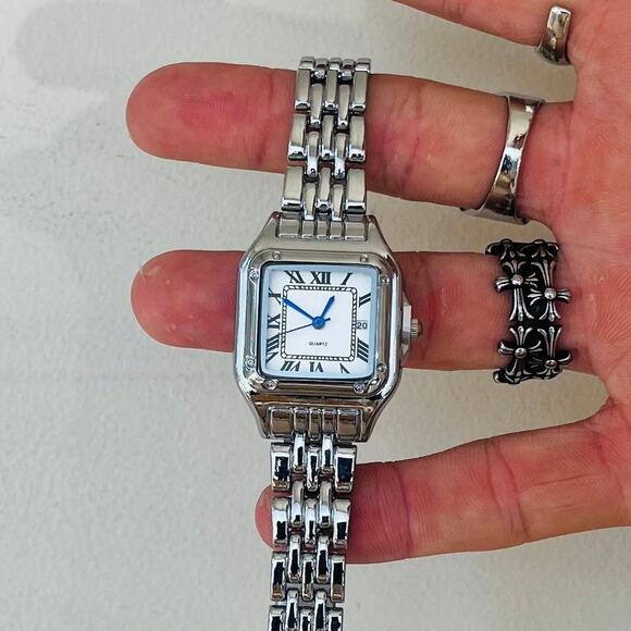 Retro White Square Face Quartz Watch Unisex Stainless Steel 8.5" New - Picture 6 of 7